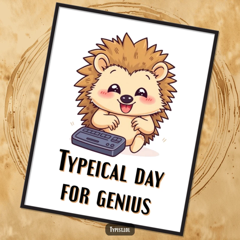 Funny Free Printable Wall Art: Happy hedgehog typing rapidly with paws flying, a humorous downloadable art piece.