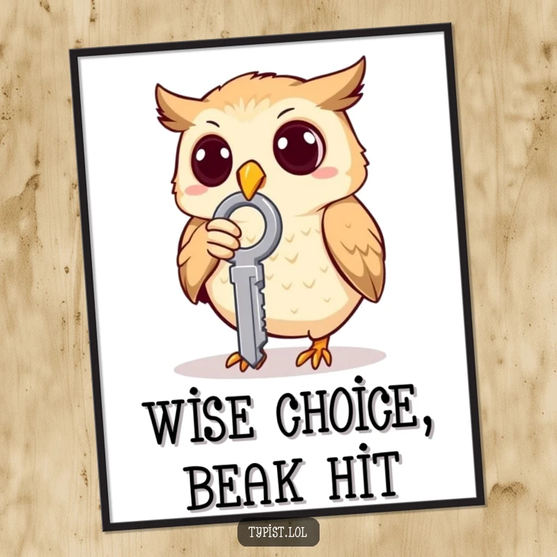 Funny Free Printable Wall Art: A wide-eyed, surprised owl accidentally hitting a single large key with its beak, looking comical.