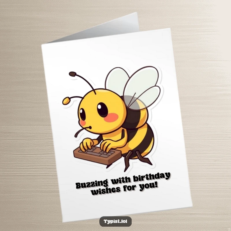 Funny Free Printable Birthday Card: Energetic bee rapidly typing on a keyboard, stinger poised.