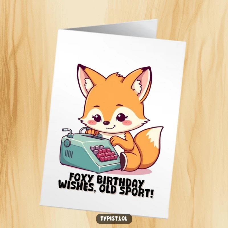 Funny Free Printable Birthday Card: Cheerful fox with a determined grin, enthusiastically typing on a mini typewriter.