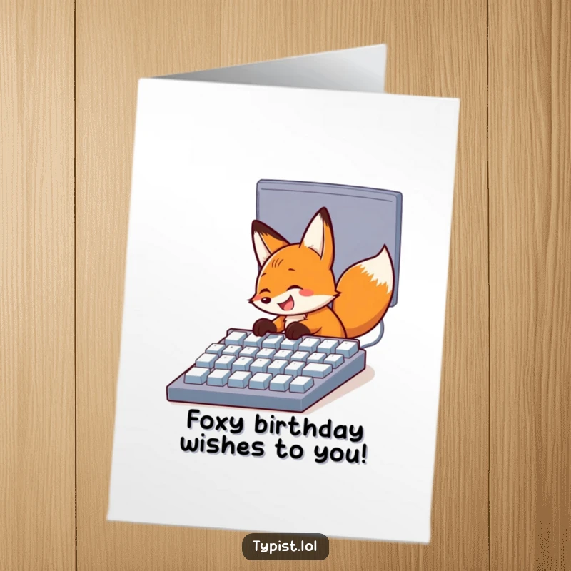 Funny Free Printable Birthday Card: Happy fox grinning while rapidly pecking at a giant computer keyboard, full of energy.