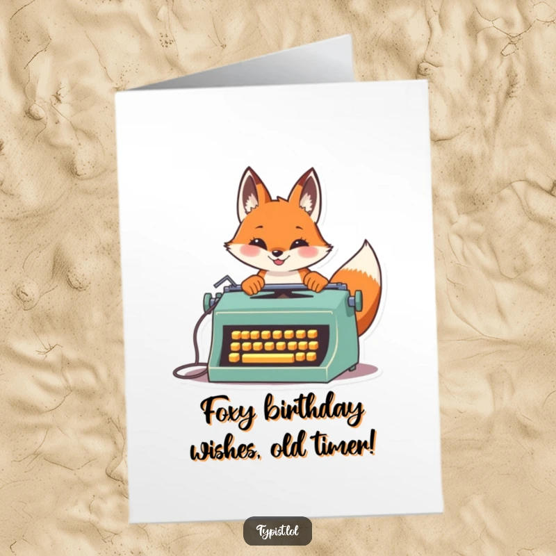 Funny Free Printable Birthday Card: A proud fox typing rapidly on a vintage typewriter, perfect for a humorous greeting.