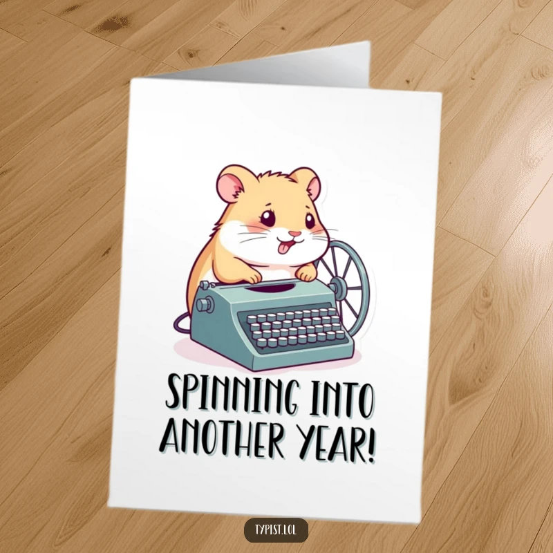 Funny Free Printable Birthday Card: A determined hamster spins its wheel which powers a typewriter, writing furiously.