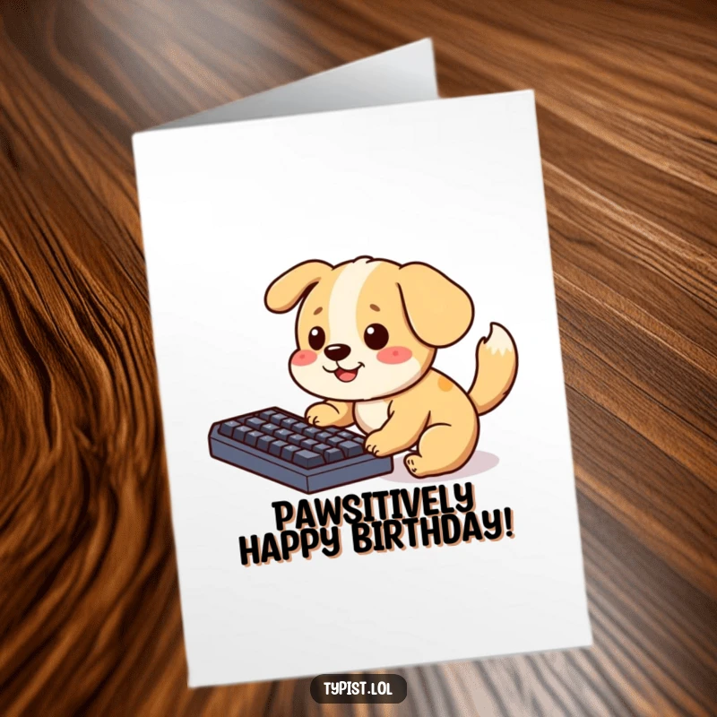 Funny Free Printable Birthday Card: Playful dog wags tail while hilariously pecking at a computer keyboard.