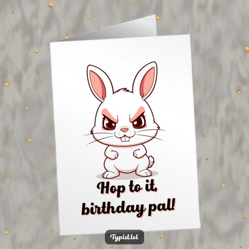 Funny Free Printable Birthday Card: A rabbit grins fiercely while typing with intense determination.