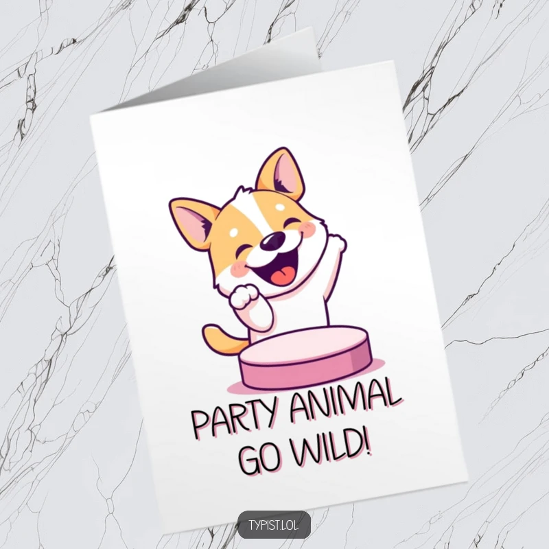 Funny Free Printable Birthday Card: Energetic dog joyfully pushing a giant button, ready for celebration and cake.