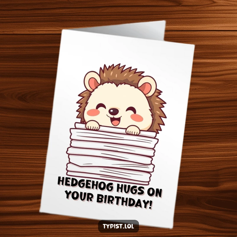 Funny Free Printable Birthday Card: A very happy hedgehog with a wide grin, peeking playfully from behind a tall stack of papers.