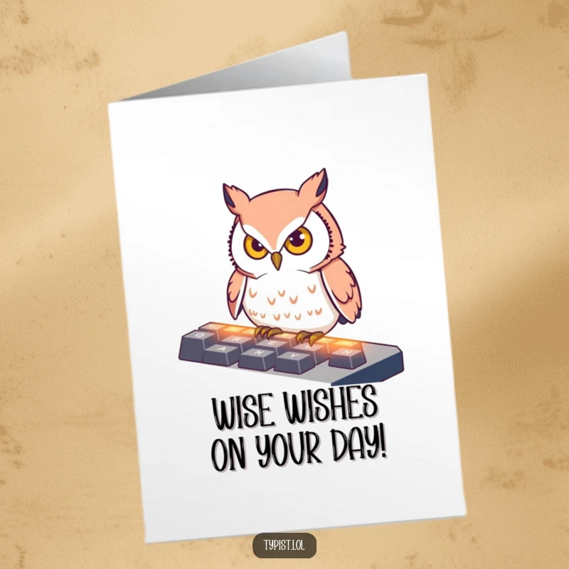 Funny Free Printable Birthday Card featuring a determined owl intensely pecking at illuminated keyboard keys with sharp focus.