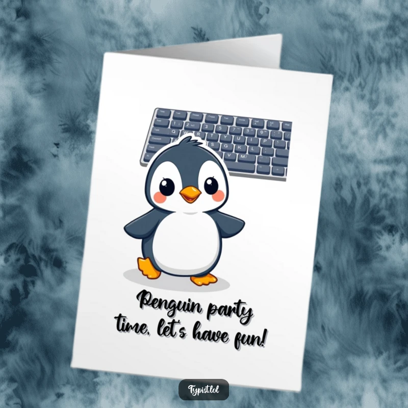 Funny Free Printable Birthday Card: Cheerful penguin Waddling eagerly to a computer keyboard for a birthday surprise.