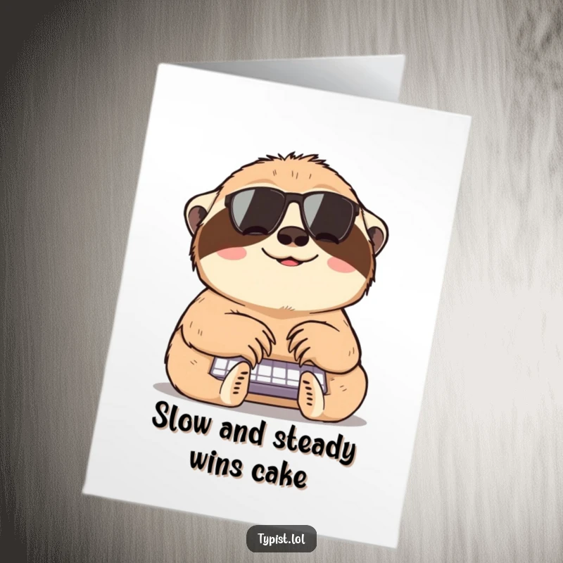 Funny Free Printable Sloth Birthday Card featuring a sloth happily typing slowly on a keyboard, wishing you a slow but joyful birthday.