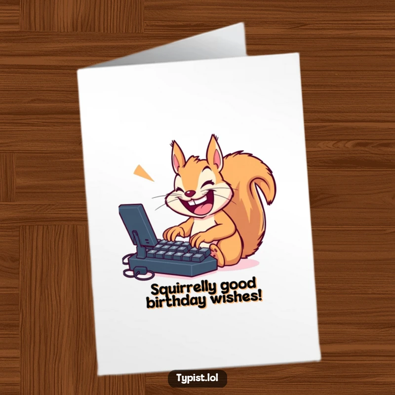 Funny Free Printable Birthday Card: A frantic squirrel with a huge smile types furiously on a giant keyboard.