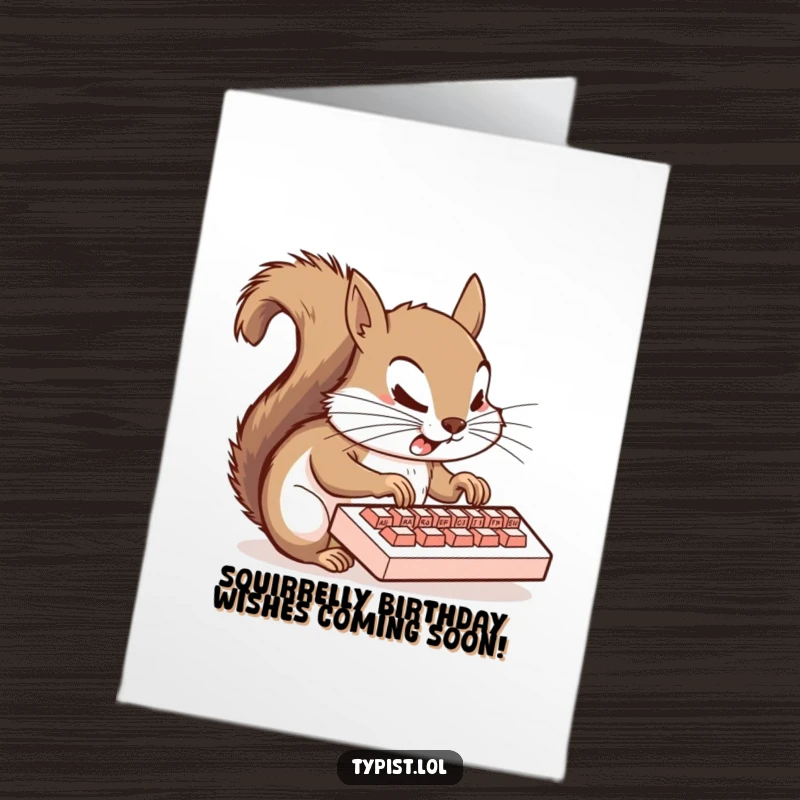 Funny Free Printable Birthday Card: Flustered squirrel with four paws typing madly on a tiny keyboard, conveying birthday panic.