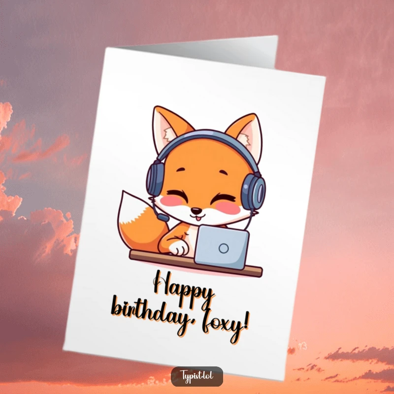 Funny Free Printable Birthday Card: Giggling fox with headphones intently typing, creating a birthday playlist of pure fun.