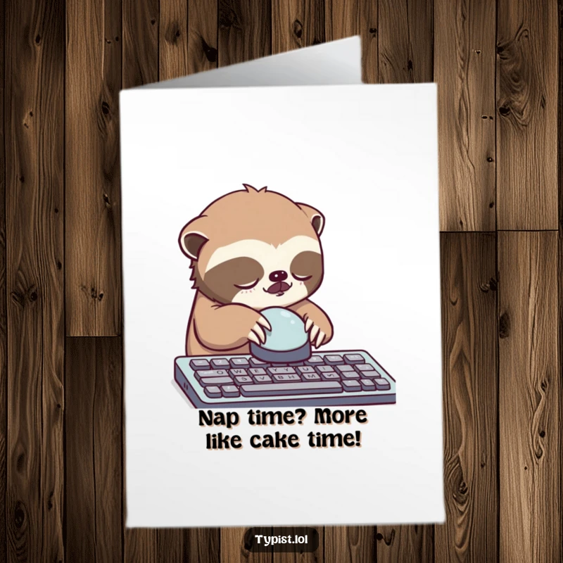 Funny Free Printable Birthday Card: Sleepy sloth slowly pressing a giant keyboard button, looking utterly unenthusiastic, downloadable gift.