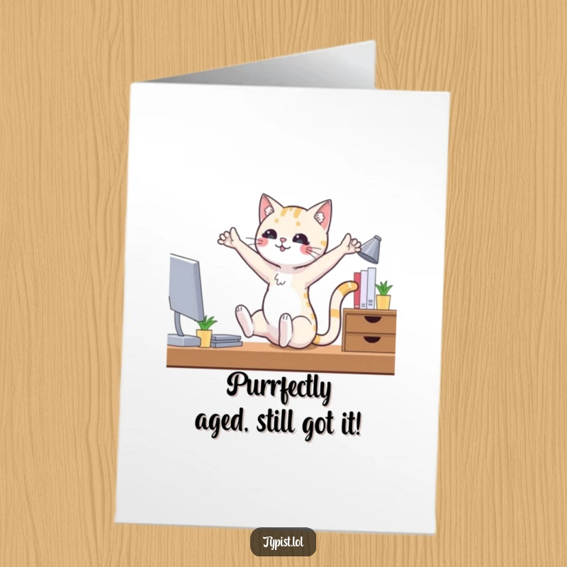 Funny Free Printable Birthday Card: Cat in tutu striking ballet poses at a messy desk, ready to party.