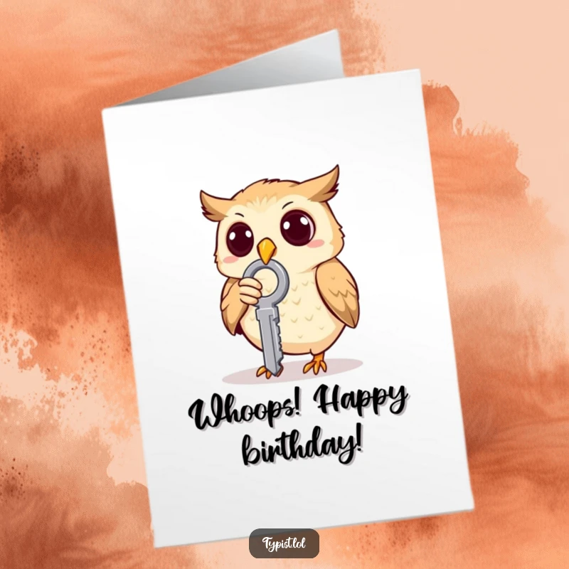 Funny Free Printable Birthday Card: A surprised owl accidentally pecking a large key with its beak, causing a funny reaction.