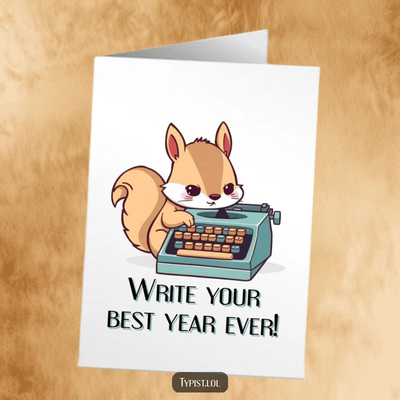 Funny Free Printable Birthday Card: Determined squirrel furiously tapping keys on a small typewriter, sending birthday messages downloadable.