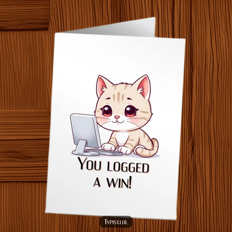 Funny Free Printable Congratulations Card: Smiling cat intently staring at a computer screen, a humorous downloadable gift.