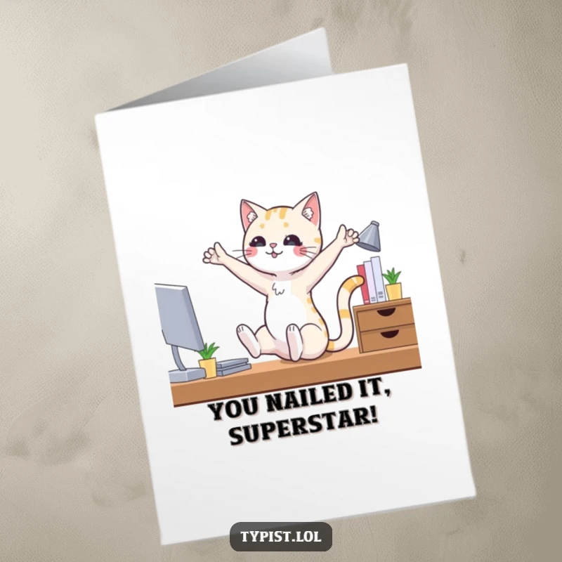 Funny Free Printable Congratulations Card: Playful cat striking ballet poses at a desk, celebrating success with a smirk.