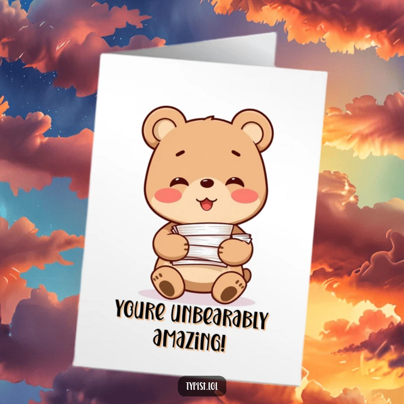 Funny Free Printable Congratulations Card: A smiling bear character holds a stack of papers, celebrating an achievement with joy.