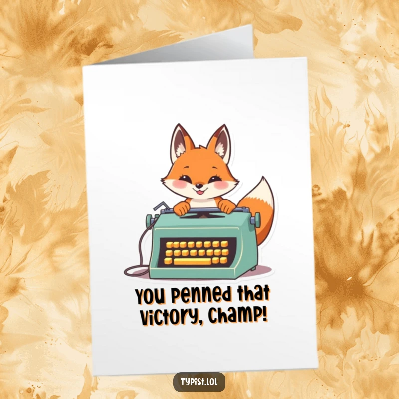 Funny Free Printable Congratulations Card: A proud fox expertly typing on an old-fashioned typewriter with impressive speed.