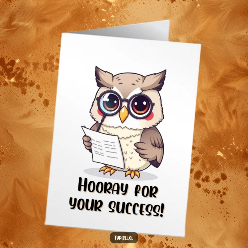 Funny Free Printable Congratulations Card: A curious owl in a monocle reads a document, offering wise words for your success.