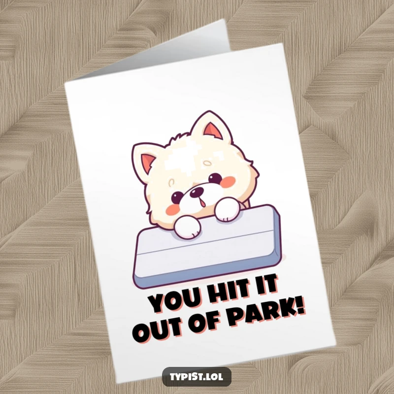 Funny Free Printable Dog Congratulations Card featuring a fluffy dog hitting a giant enter key, marking an accidental but successful milestone.