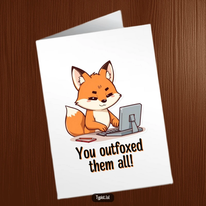 Funny Free Printable Congratulations Card of a happy fox typing with intense focus, celebrating a win.