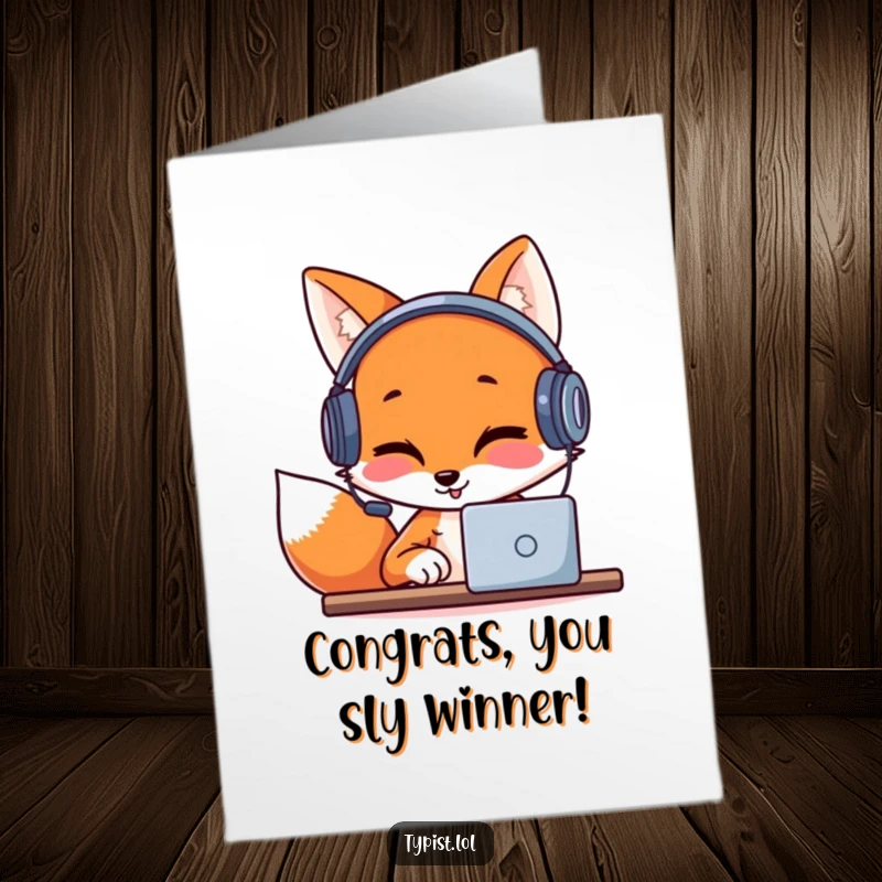 Funny Free Printable Congratulations Card: A giggling fox wearing headphones, typing away to celebrate a momentous occasion.