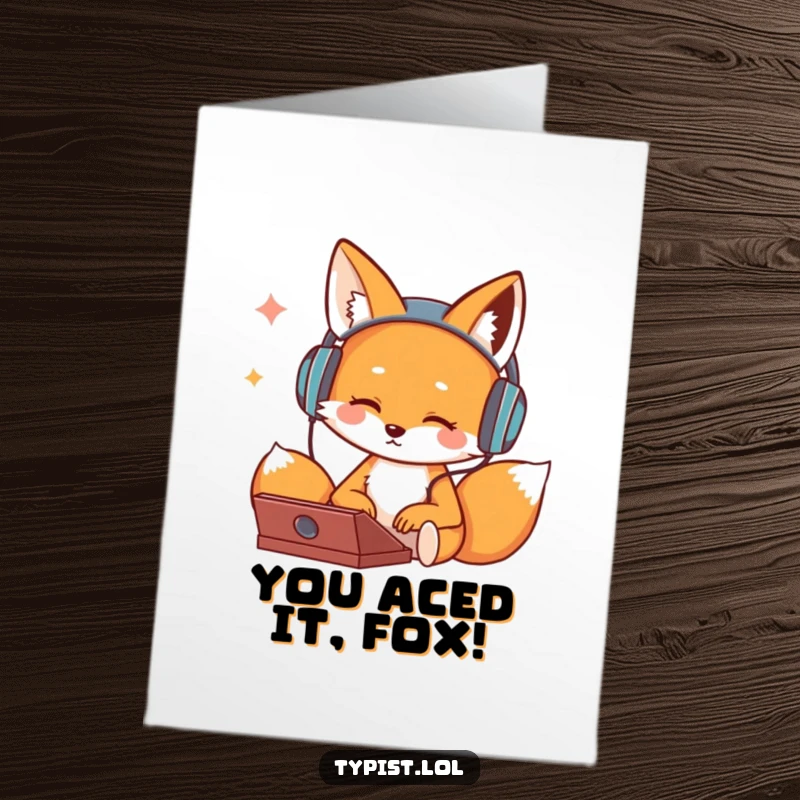 Funny Free Printable Congrats Card: A cute fox wearing headphones bops its head and types, celebrating a win.