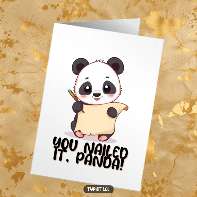 Funny Free Printable Congratulations card with a giggling panda holding a quill and writing on a scroll, celebrating success.