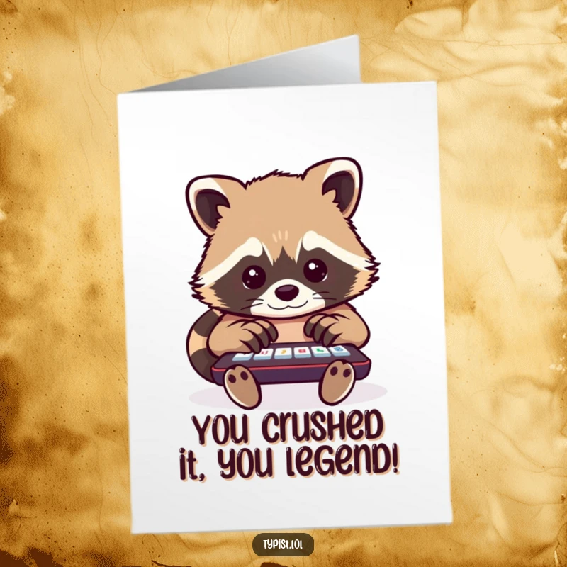 Free Printable Congratulations Card: A busy raccoon juggling multiple keys on a large device, celebrating a massive achievement with enthusiasm.