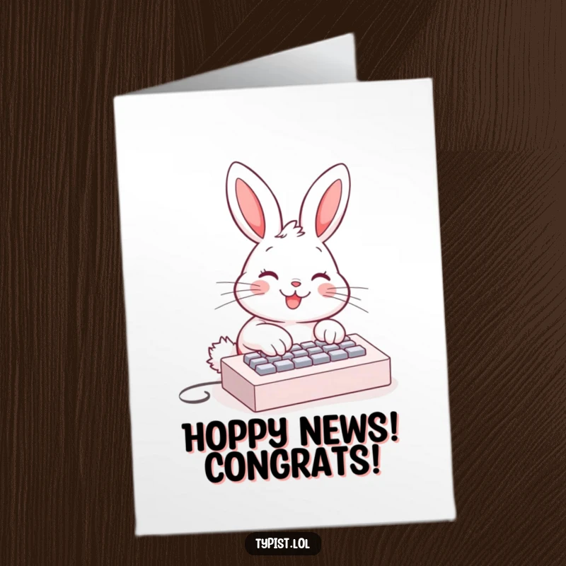 Funny Free Printable Congratulations Card: A happy bunny typing away rapidly on a tiny keyboard, celebrating a big achievement.
