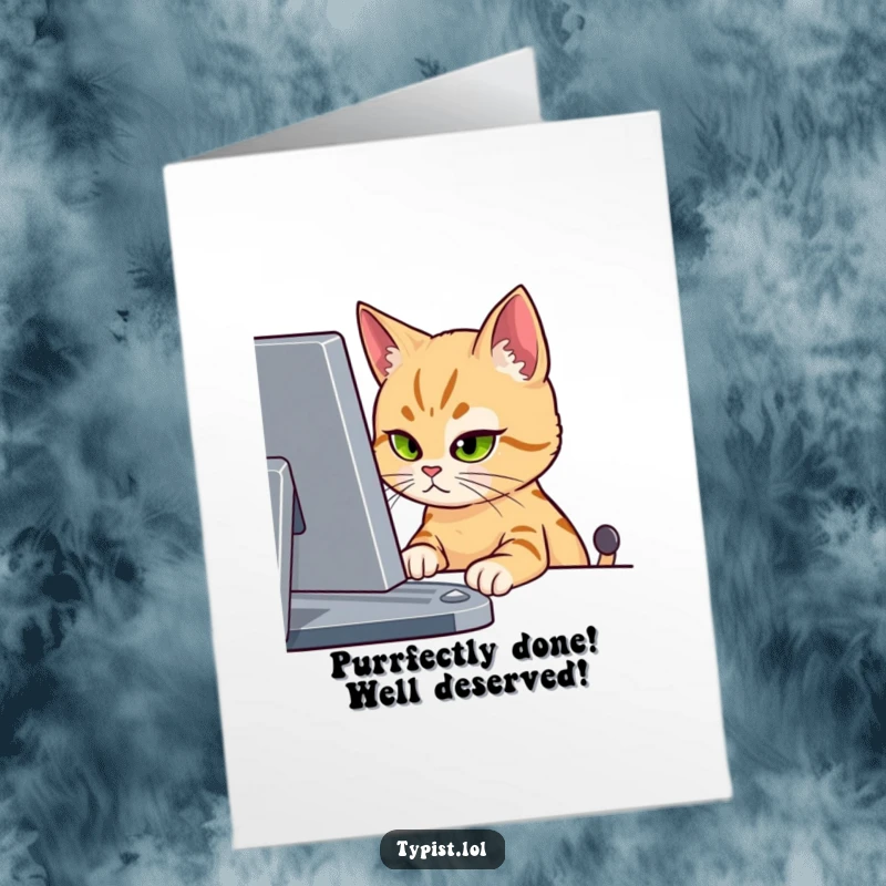 Funny Free Printable Congrats Card: Cat with intense one-eyed stare at screen, acknowledging success with unwavering concentration.