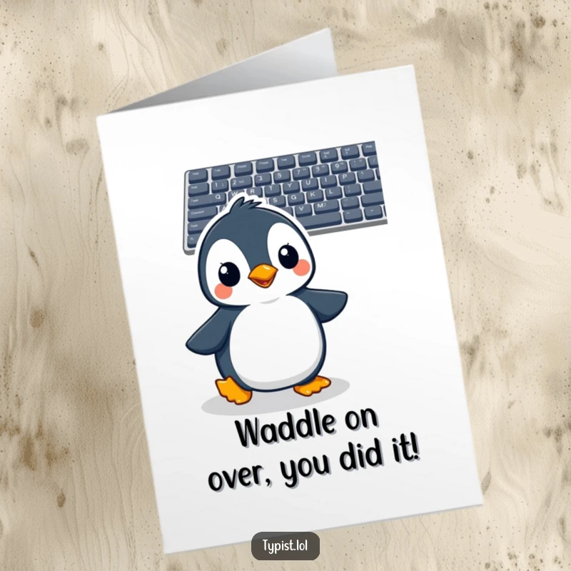 Funny Free Printable Congratulations Card: Excited penguin waddling to a keyboard to type out celebratory message.