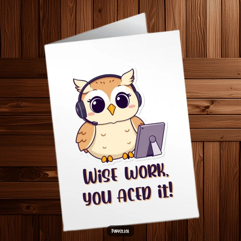 Funny Free Printable Congratulations Card: A happy owl in a headset typing with focus, a symbol of smart success.