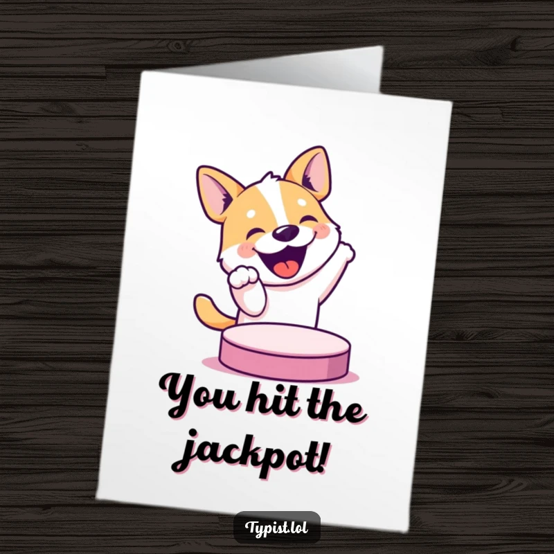 Funny Free Printable Congrats Card: Excited dog enthusiastically pressing a large button, celebrating a momentous achievement.