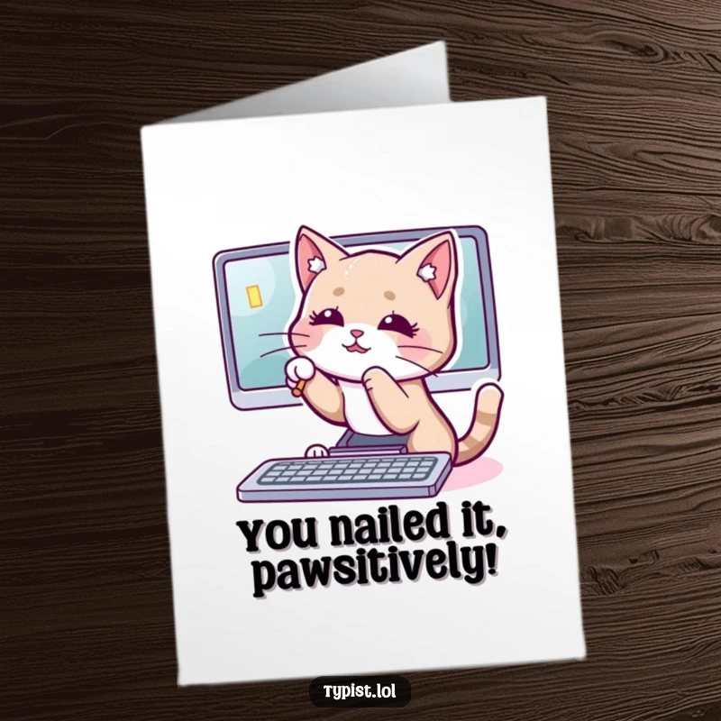 Funny Free Printable Congratulations Card: A playful cat batting at a computer cursor on screen, celebrating success with feline focus.