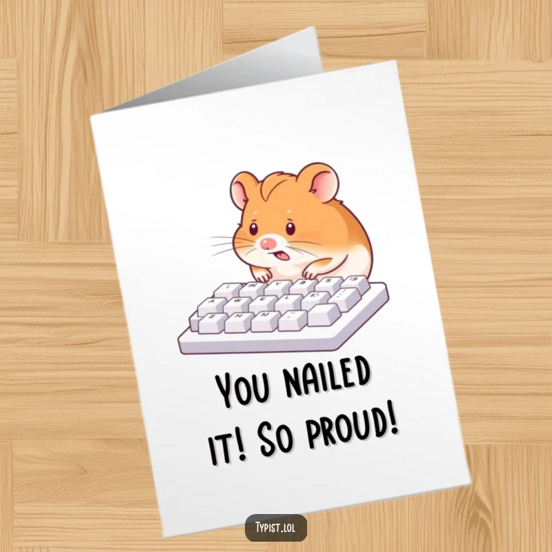 Funny Free Printable Congrats Card: Hyperactive hamster typing furiously, celebrating achievements with wild energy.