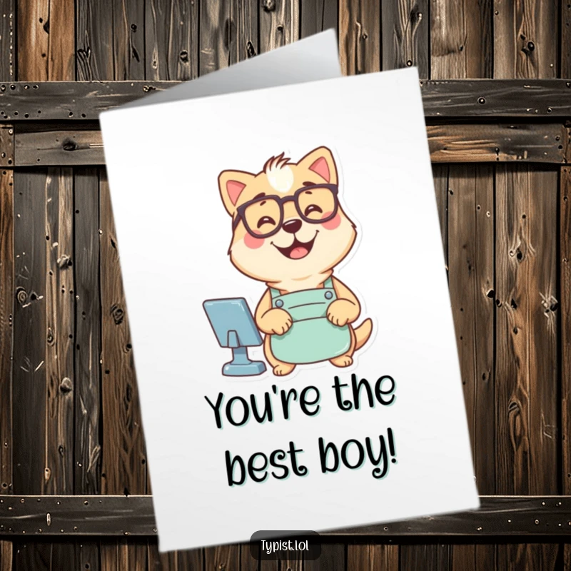 Funny Free Printable Congrats Card: Dog in glasses and apron, typing commands with a proud smile for achievements.