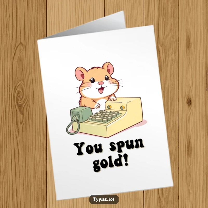 Funny Free Printable Congratulations card with a happy hamster operating a vintage typing machine, celebrating achievements retro style.