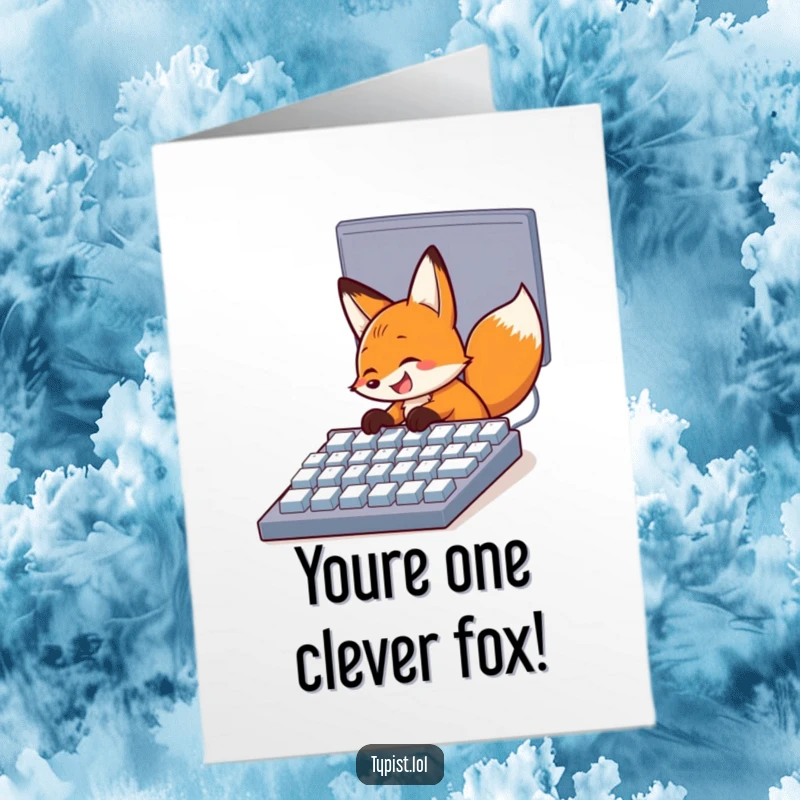 Funny Free Printable Congratulations Card: Grinning fox quickly typing on a huge keyboard, a digital success celebration.