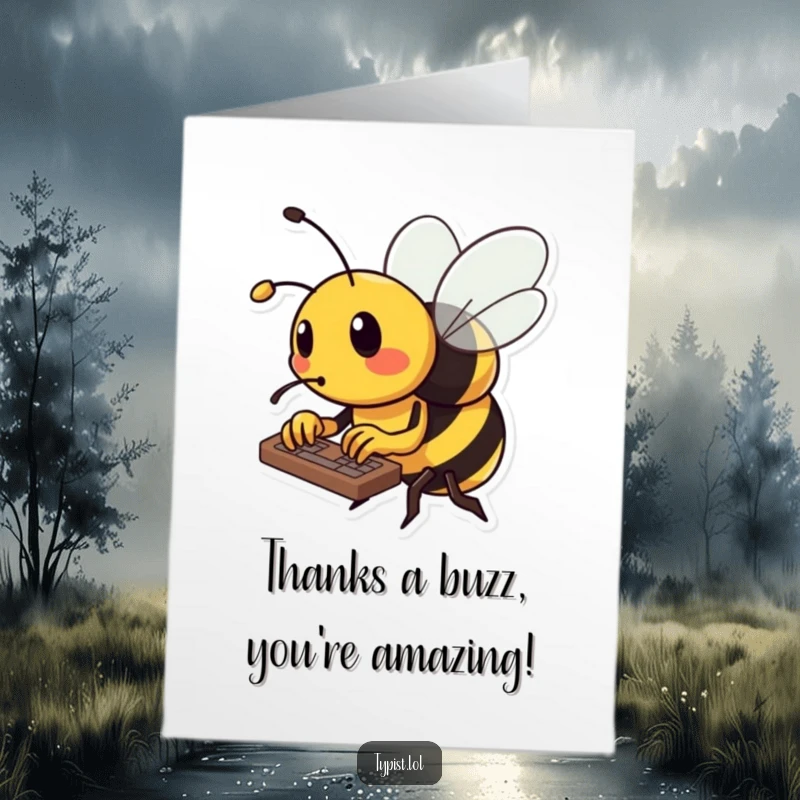 Funny Free Printable Thank You Card: Industrious bee typing rapidly on a keyboard, stinger up.