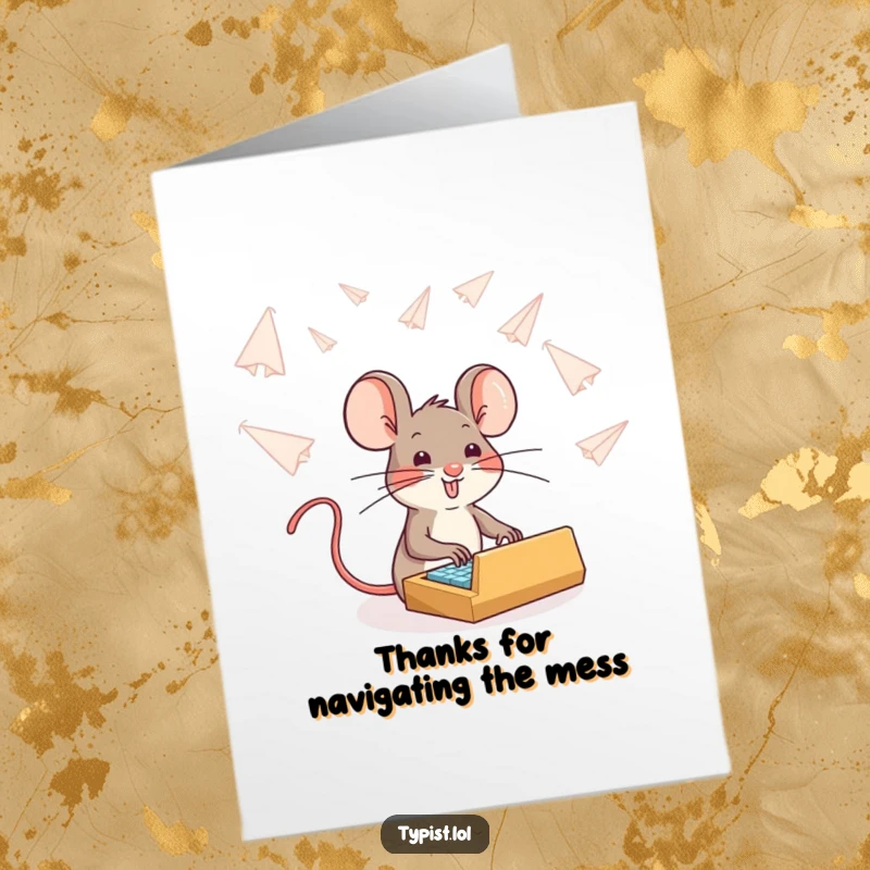 Funny Free Printable Thank You Card: Brave mouse typing a thank you note with focus amidst a flurry of paper airplanes.