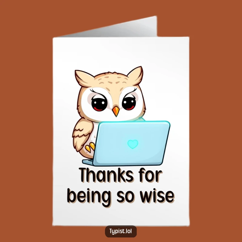 Free Printable Owl Thank You Card: Grateful Owl Typing Thanks Downloadable Gift