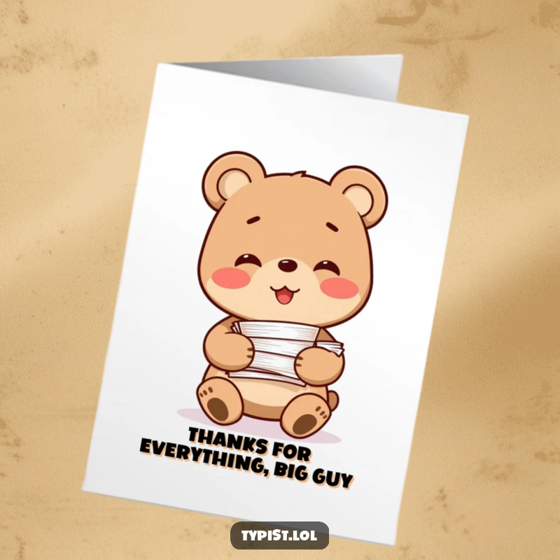 Funny Free Printable Thank You Card: A smiling bear character holds a stack of papers, conveying heartfelt thanks.