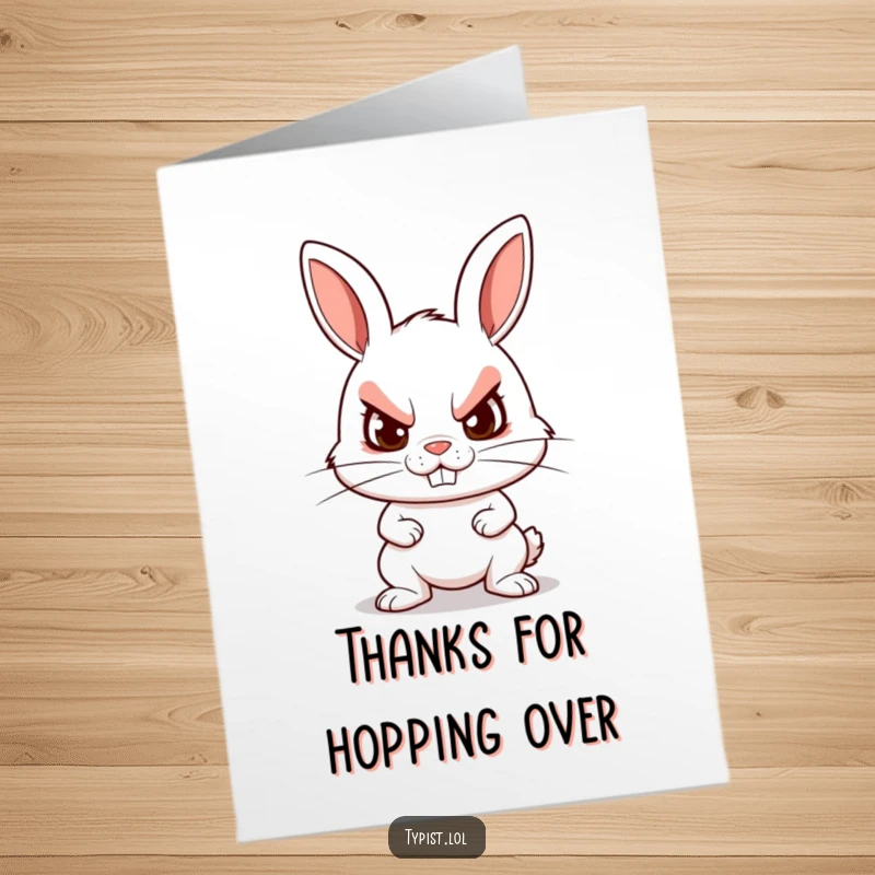 Funny Free Printable Thank You Card: A rabbit grins intensely while typing furiously, conveying deep gratitude.