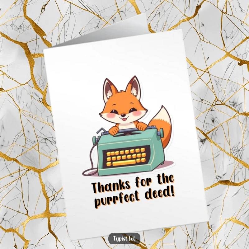 Funny Free Printable Thank You Card: A proud, fast-typing fox at a vintage typewriter, perfect for a humorous thank you.