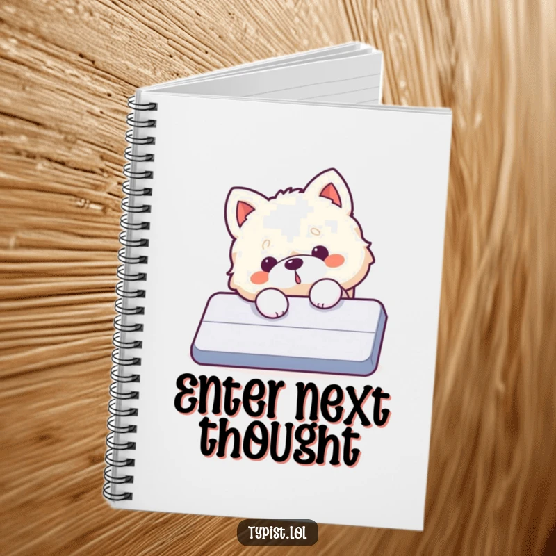 Funny dog notebook, a fluffy dog hits a giant enter key on a notebook cover.