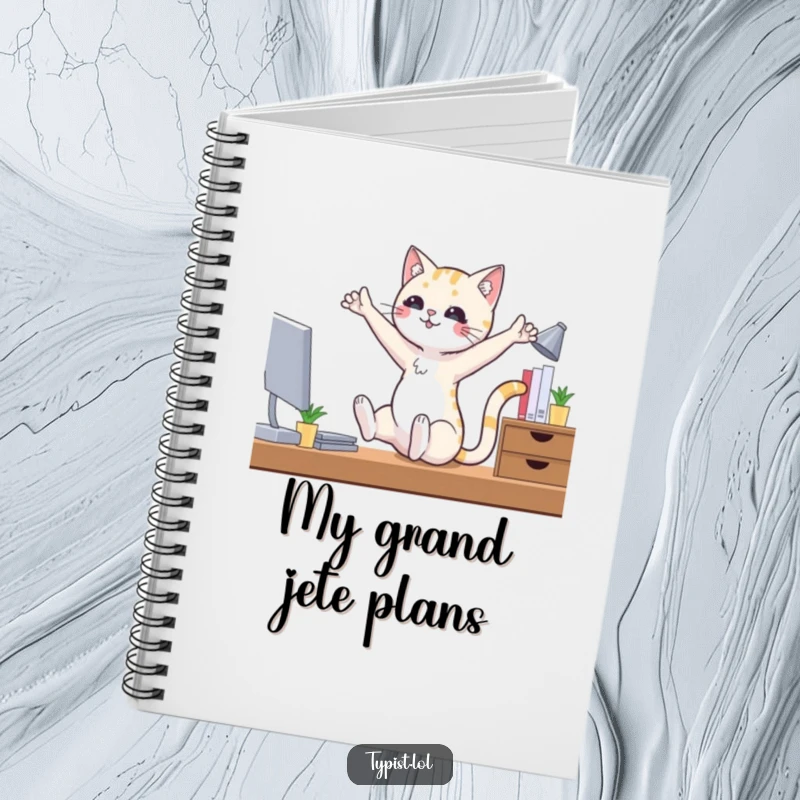 Funny ballet cat notebook showing a cat in ballet poses at a desk, great for jotting down funny notes and ideas.